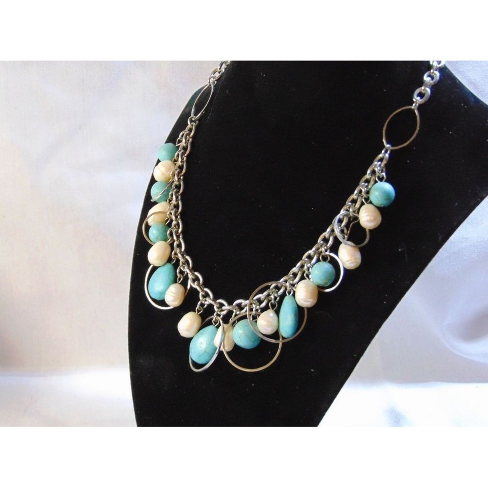 LIA SOPHIA STATEMENT NECKLACE WOMEN 19IN SILVER TURQUOISE PEARL EXCELLENT DANGLE - Picture 2 of 6